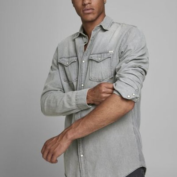 Jack & Jones Grey Chambray Button Down Shirt - Picture 5 of 5